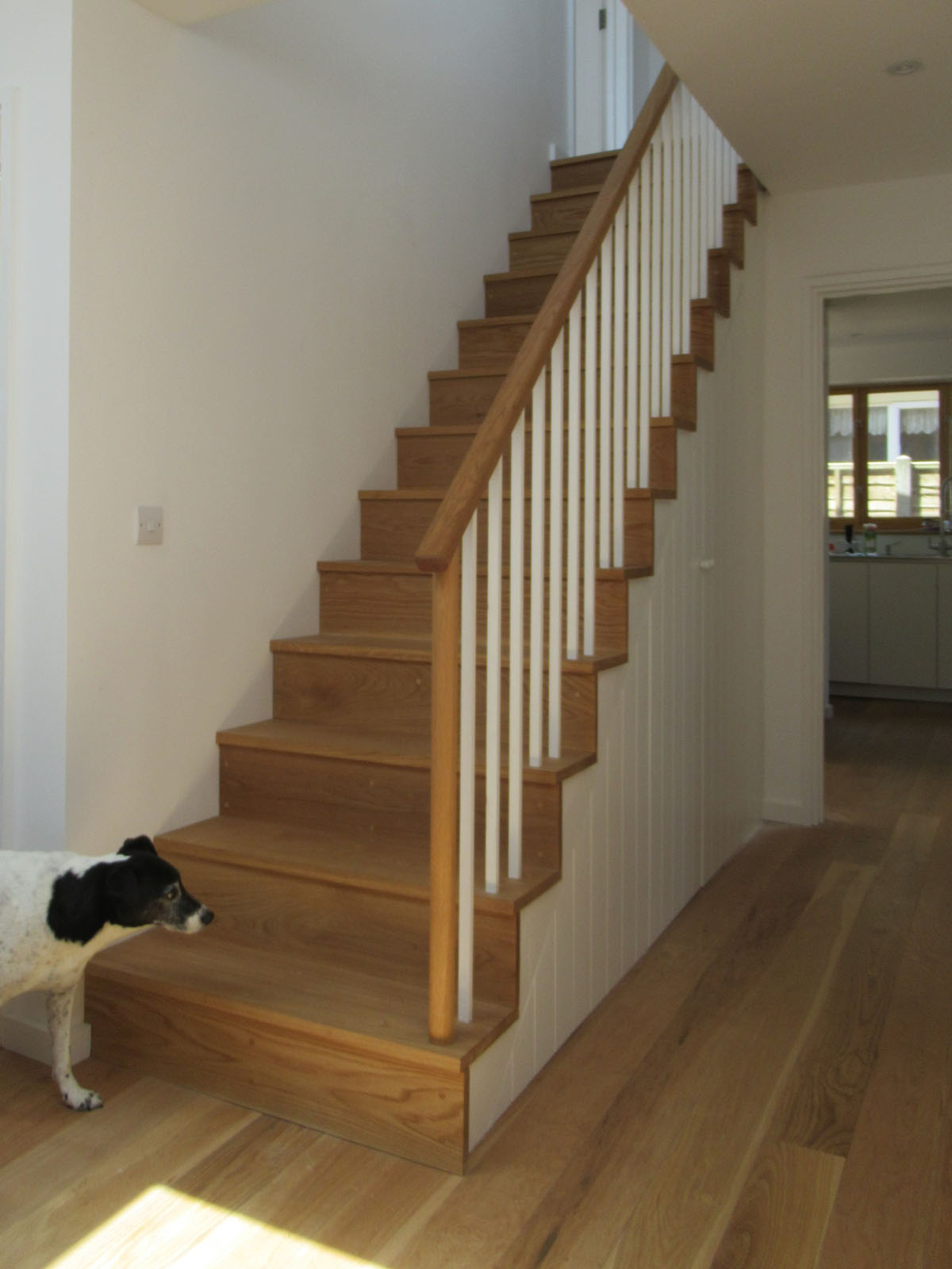 Folded oak stairs with dog